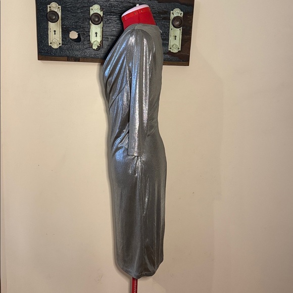 Pink Tartan Metallic Platinum Silver Drape Twist Long Sleeve Dress Size XS - Picture 8 of 14